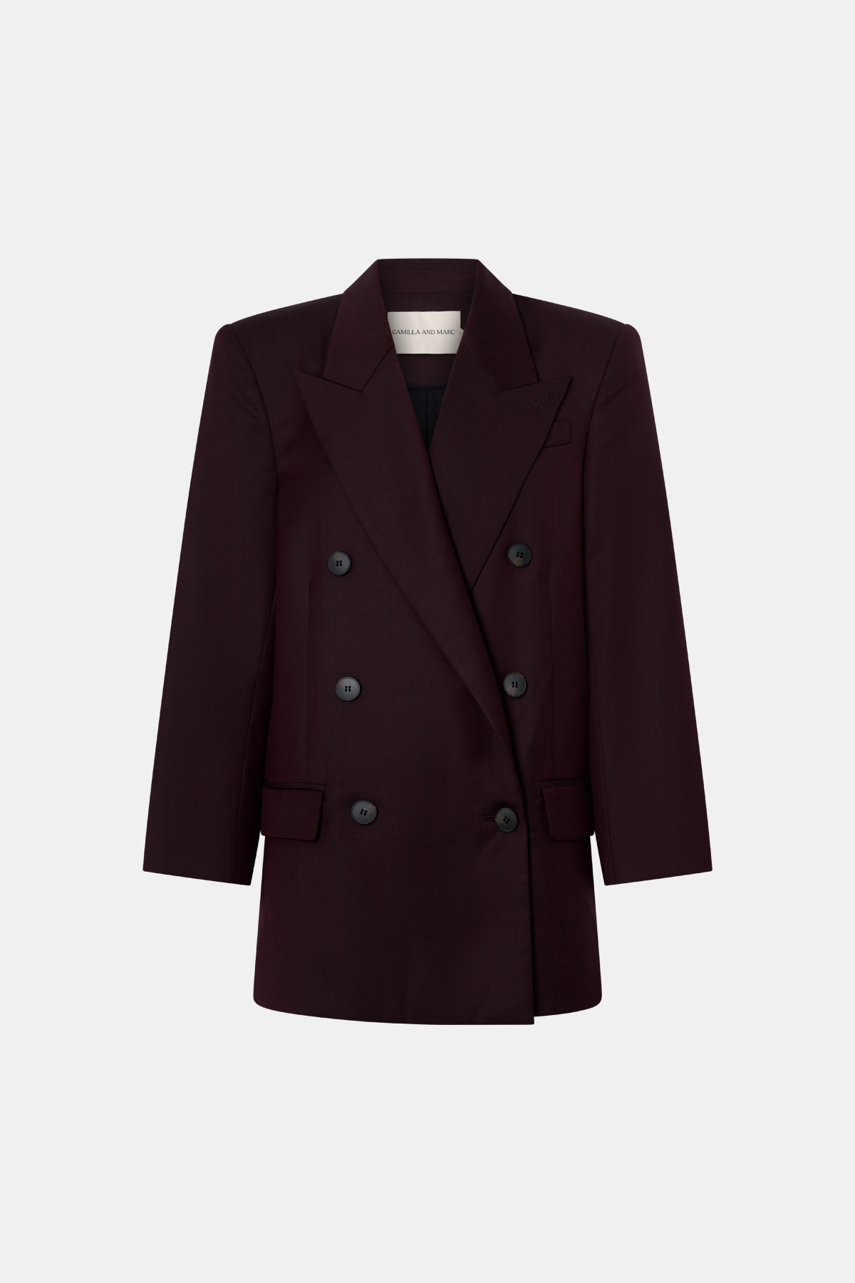 Ghost view CAMILLA AND MARC double-breasted Revera Oversized Blazer in chocolate burgundy.