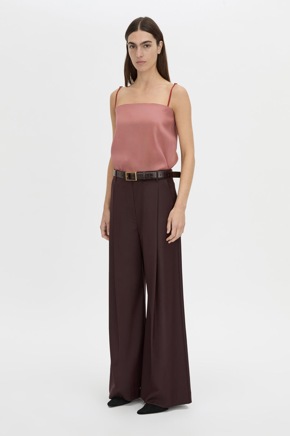 Front-styled-2 view CAMILLA AND MARC Revera Wide-Leg Pant in chocolate burgundy with tailored waistband and belt loops.