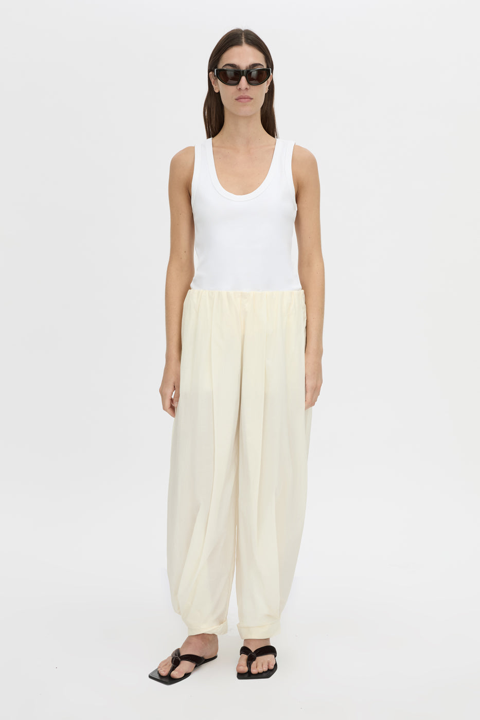 Front-styled view CAMILLA AND MARC Rhia Balloon Leg Pant in ivory with an encased gathered elastic waistband.