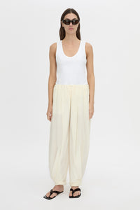 Front-styled view CAMILLA AND MARC Rhia Balloon Leg Pant in ivory with an encased gathered elastic waistband.