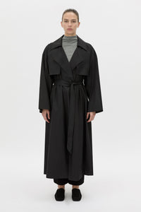 Front view CAMILLA AND MARC Rhia Sheer Full Length Trench in black with a relaxed fit.