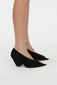 Side styled view CAMILLA AND MARC Rhys Suede Peep Toe Pump in black soft goat suede.