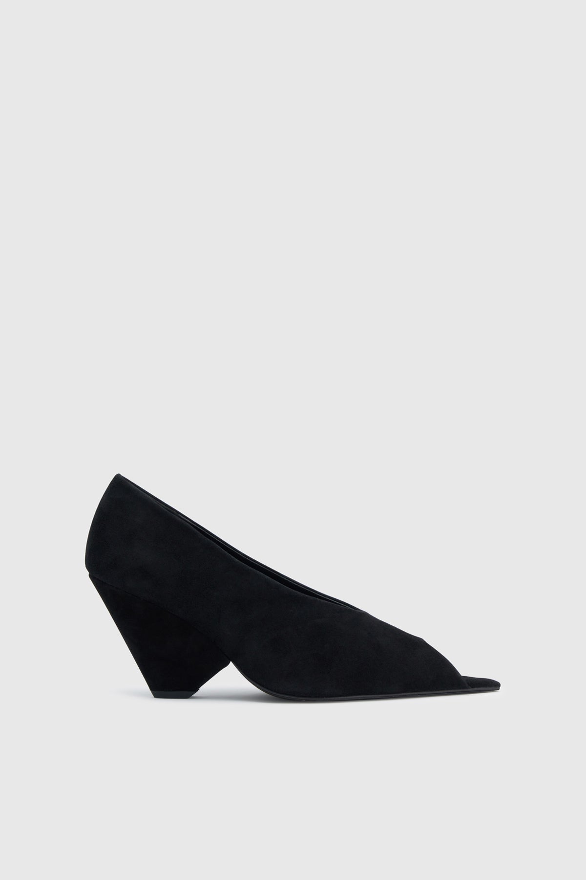 Side view CAMILLA AND MARC Rhys Suede Peep Toe Pump in black soft goat suede.