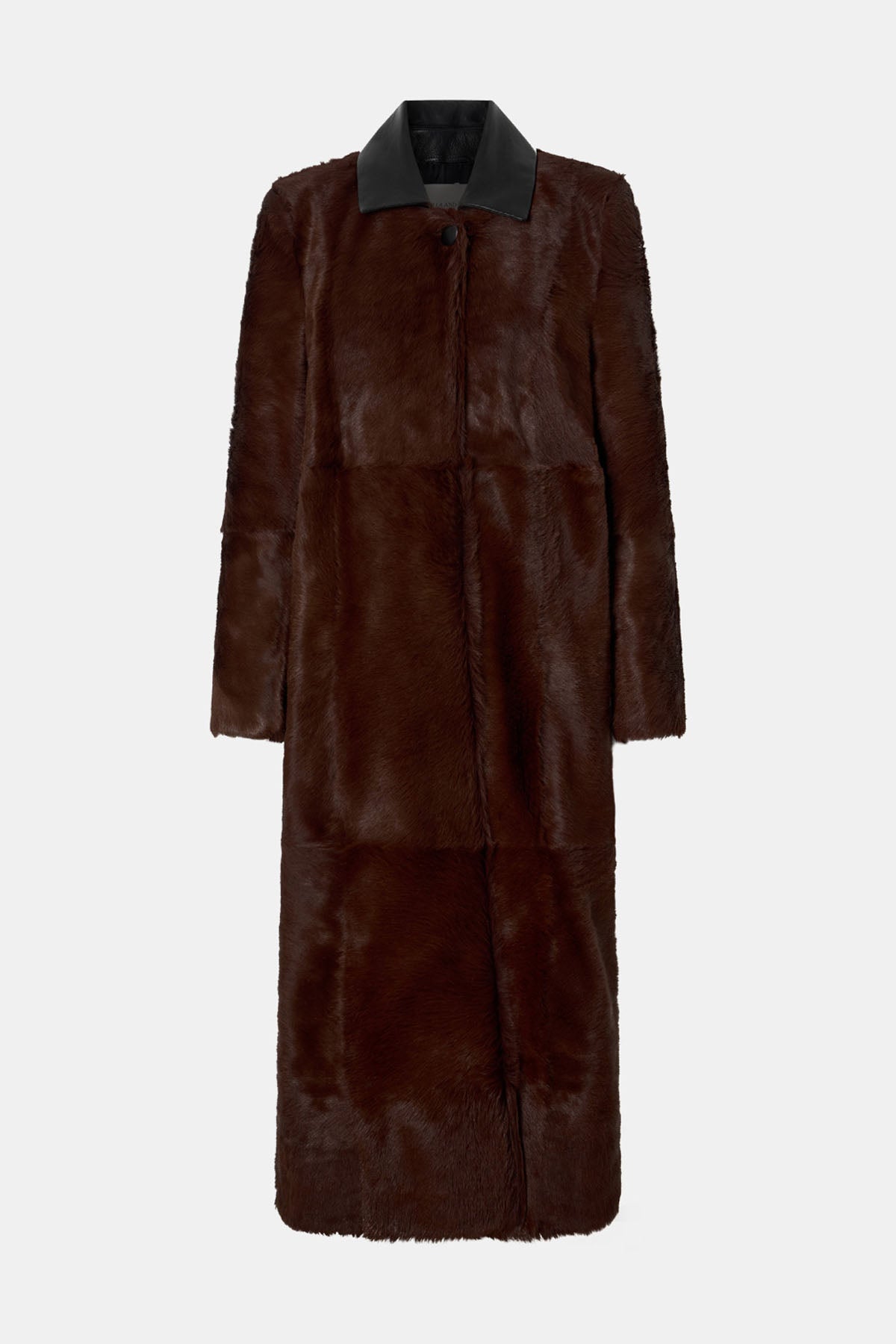 Ghost view CAMILLA AND MARC Rina Coat in Chocolate Brown calf hair with contrast leather collar.