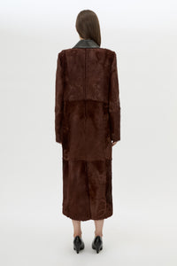 Back view CAMILLA AND MARC Rina Coat in Chocolate Brown calf hair with contrast leather collar.