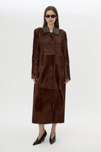 Front view CAMILLA AND MARC Rina Coat in Chocolate Brown calf hair with contrast leather collar.