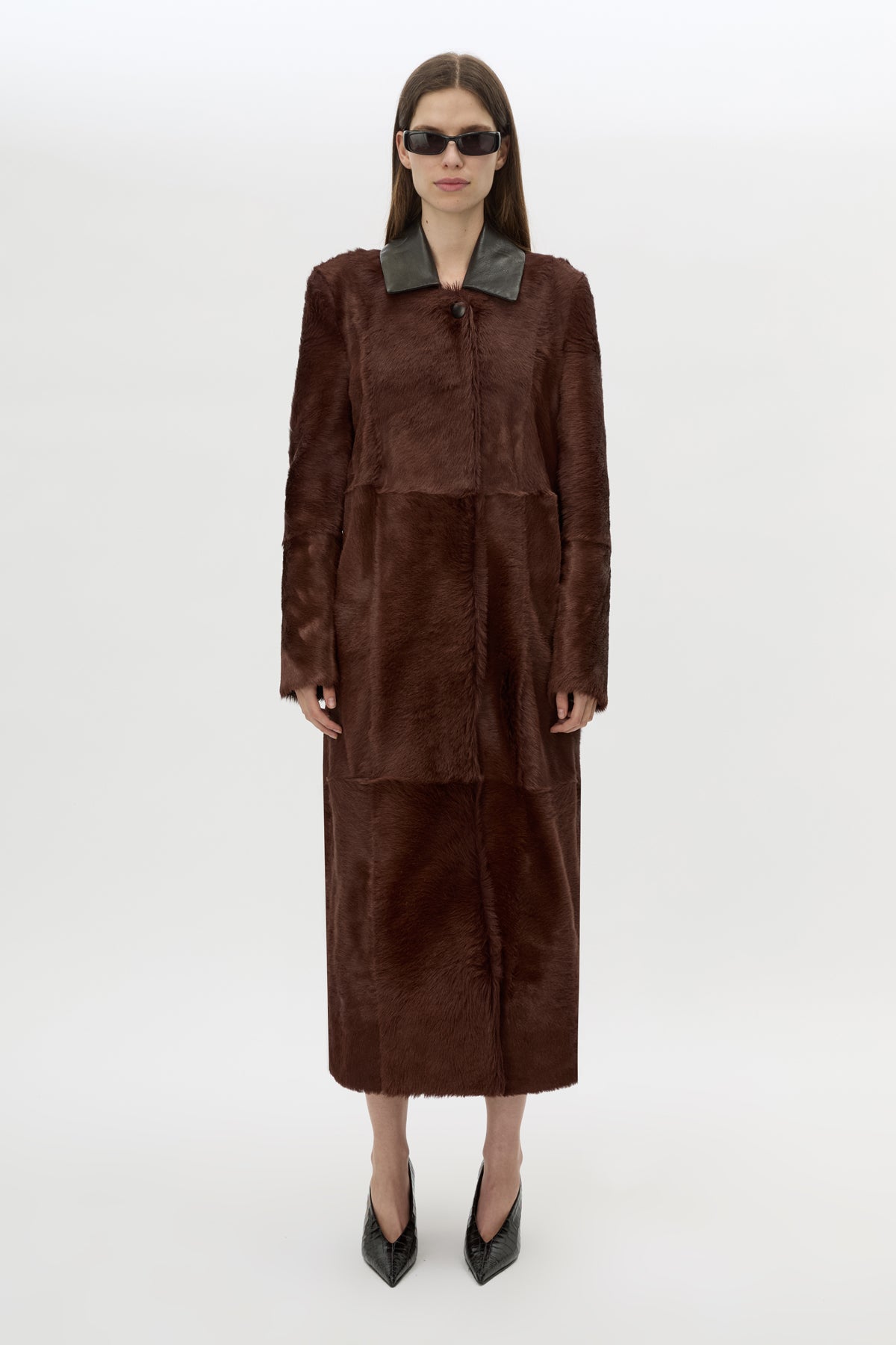 Front view CAMILLA AND MARC Rina Coat in Chocolate Brown styled with the Rhys Croc Pump.