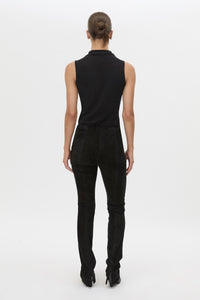 Back view CAMILLA AND MARC high-waisted Romina Pant in black stretch suede fabrication.