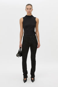 Front-styled view CAMILLA AND MARC high-waisted Romina Pant in black stretch suede fabrication.