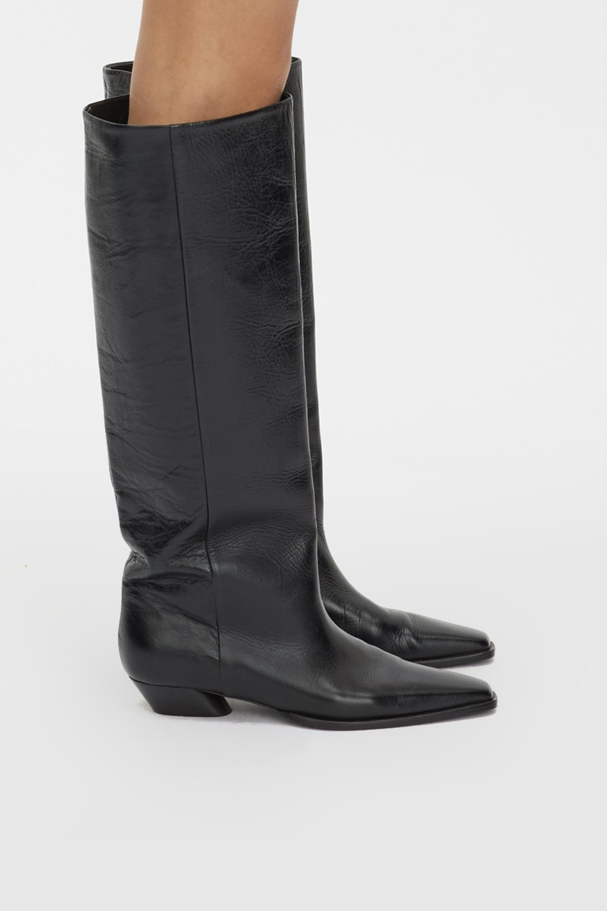 Rowan Knee Boot - CAMILLA AND MARC pull-on Rowan Knee Boot in black tumbled‑look Italian cow leather