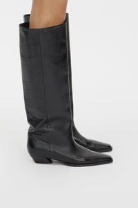 Rowan Knee Boot - CAMILLA AND MARC pull-on Rowan Knee Boot in black tumbled‑look Italian cow leather
