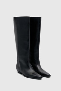 Rowan Knee Boot - CAMILLA AND MARC pull-on Rowan Knee Boot in black tumbled‑look Italian cow leather