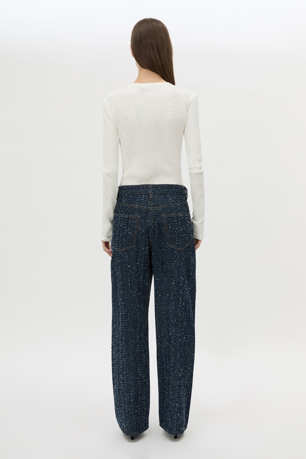 Back view CAMILLA AND MARC Rune Denim Jean in Indigo Neps with 100% textured cotton denim fabrication.