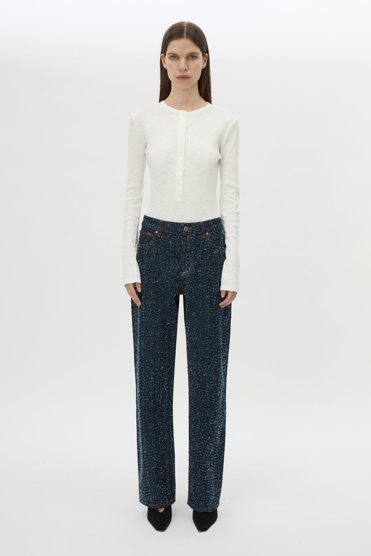 Front view CAMILLA AND MARC Rune Denim Jean in Indigo Neps with 100% textured cotton denim fabrication.