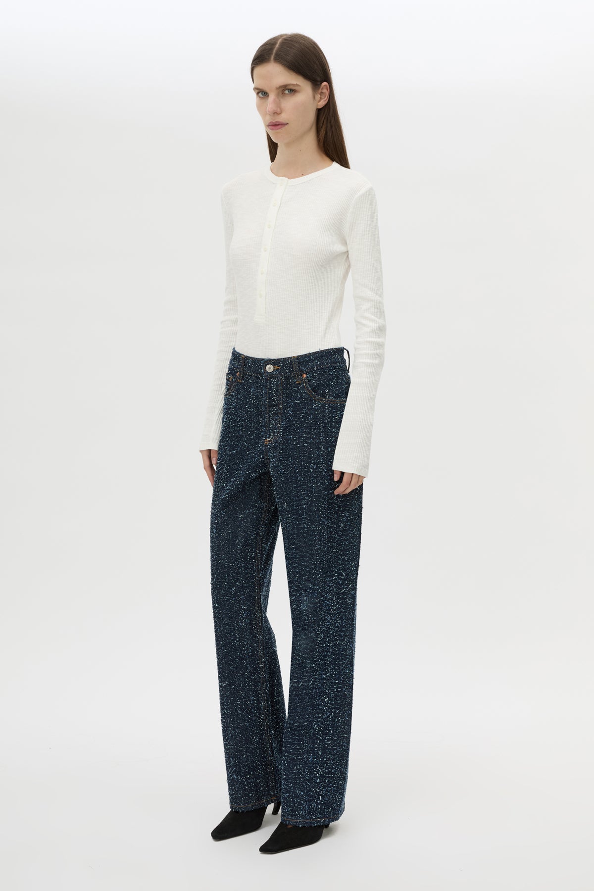 Three-quarter view CAMILLA AND MARC Rune Denim Jean in Indigo Neps with 100% textured cotton denim fabrication.