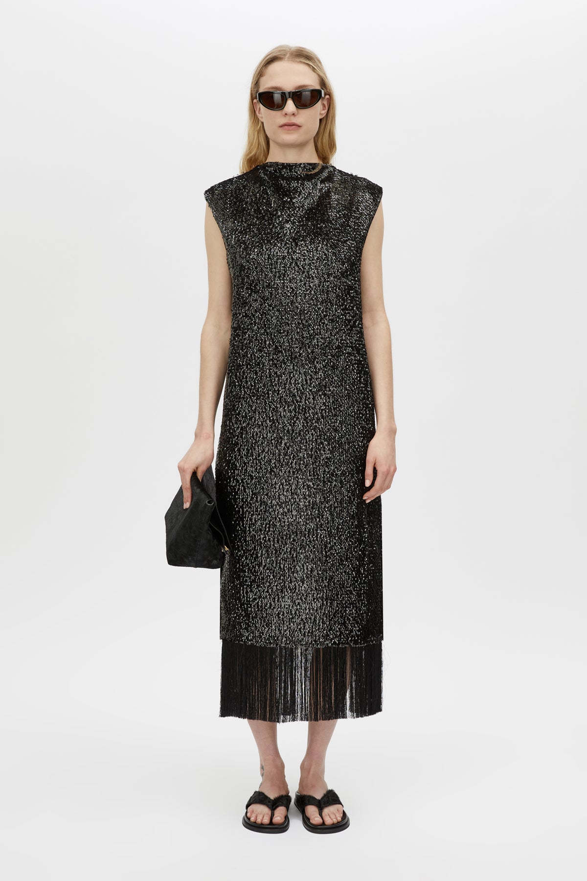 Front view CAMILLA AND MARC Sabel Maxi Dress in Black with sequin finish and detachable fringing.  