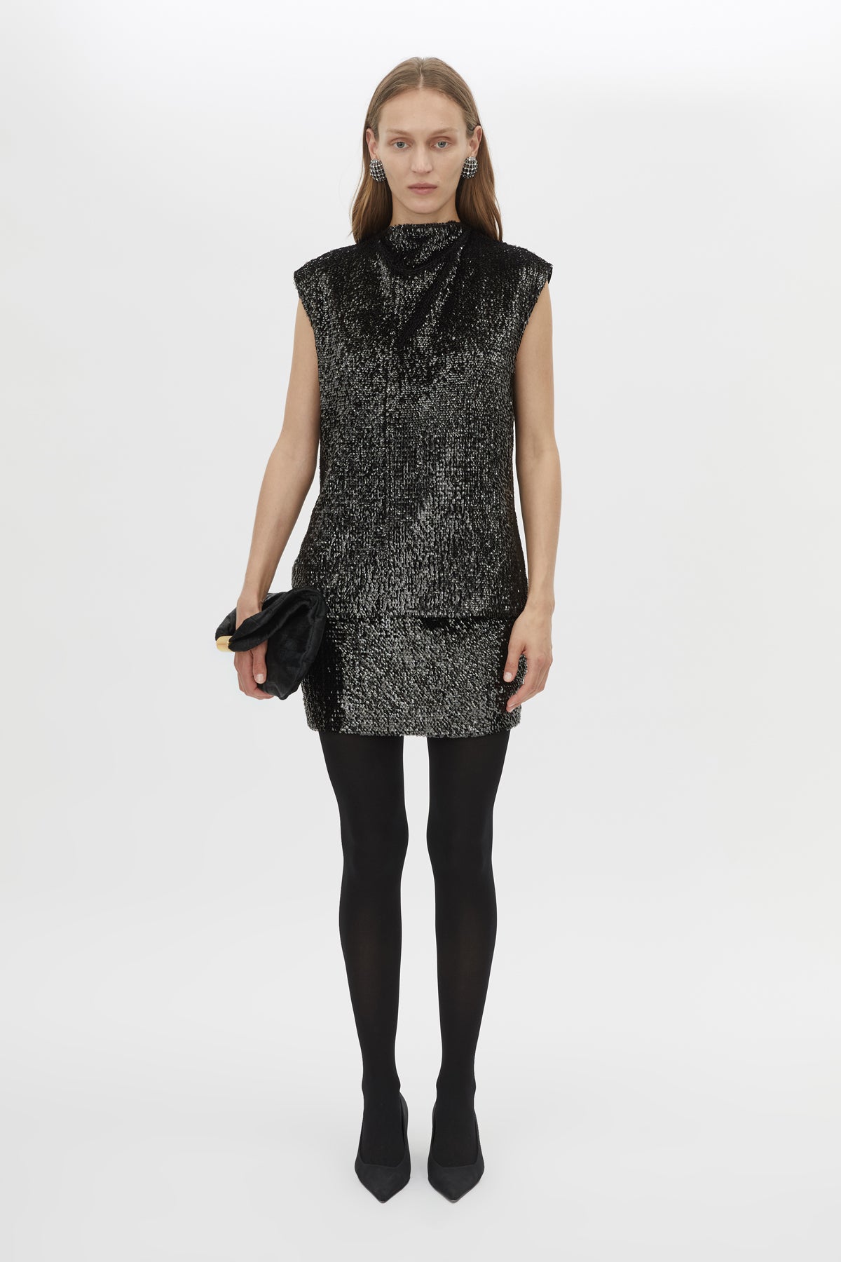 Front view CAMILLA AND MARC Sabel Skirt in Black with sequin finish and micro‑mini silhouette.