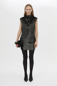 Front view CAMILLA AND MARC Sabel Skirt in Black with sequin finish and micro‑mini silhouette.