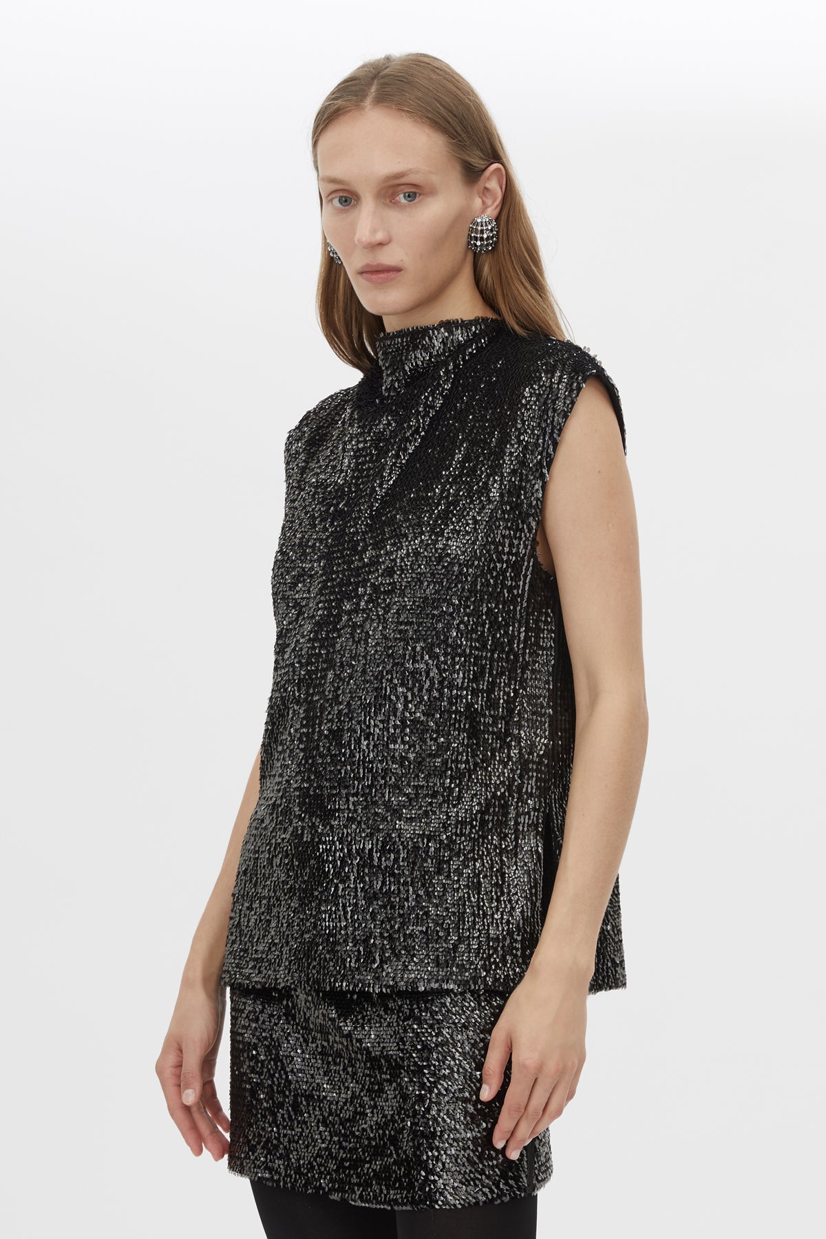 Cropped view CAMILLA AND MARC Sabel Skirt in Black with sequin finish and micro‑mini silhouette.