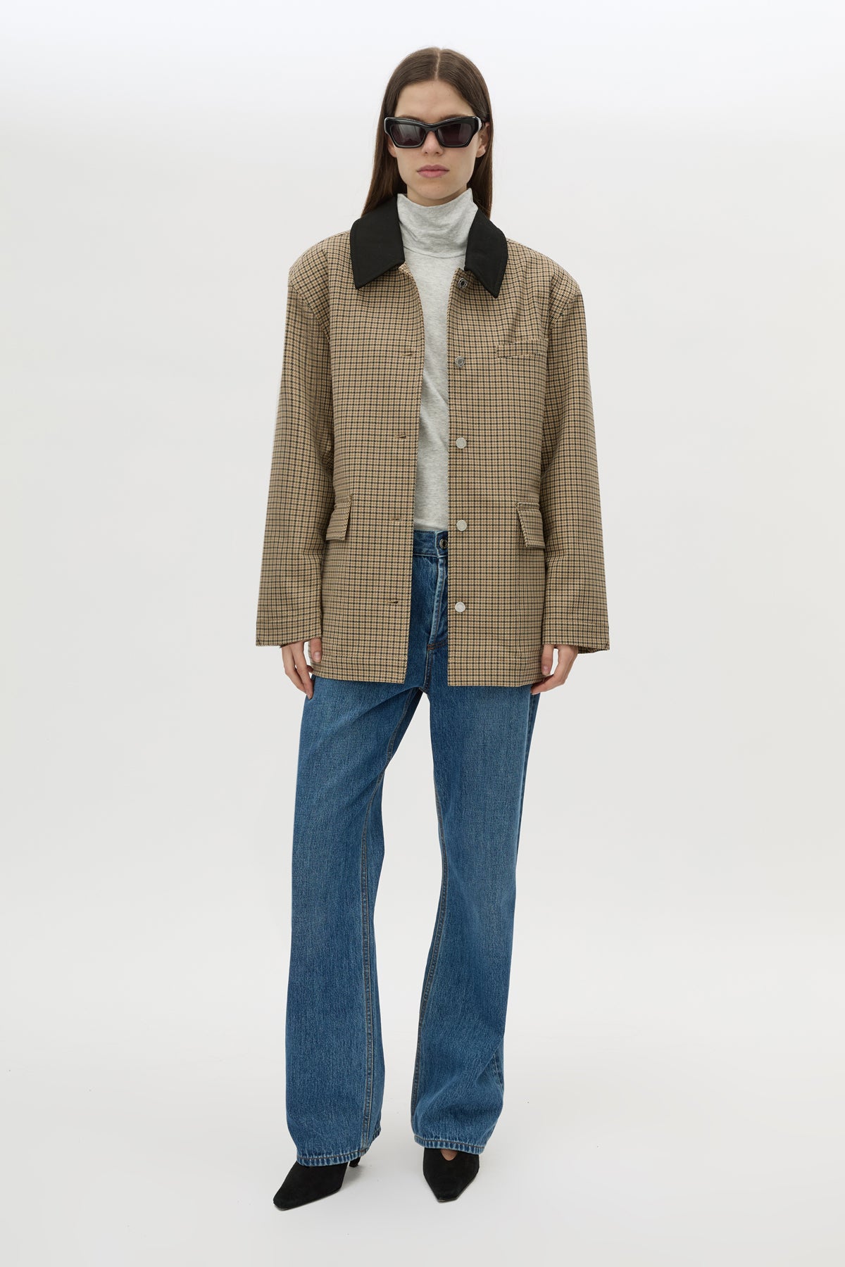 Front view CAMILLA AND MARC Sage Check Jacket in Walnut Check with denim detailing and contrast collar.