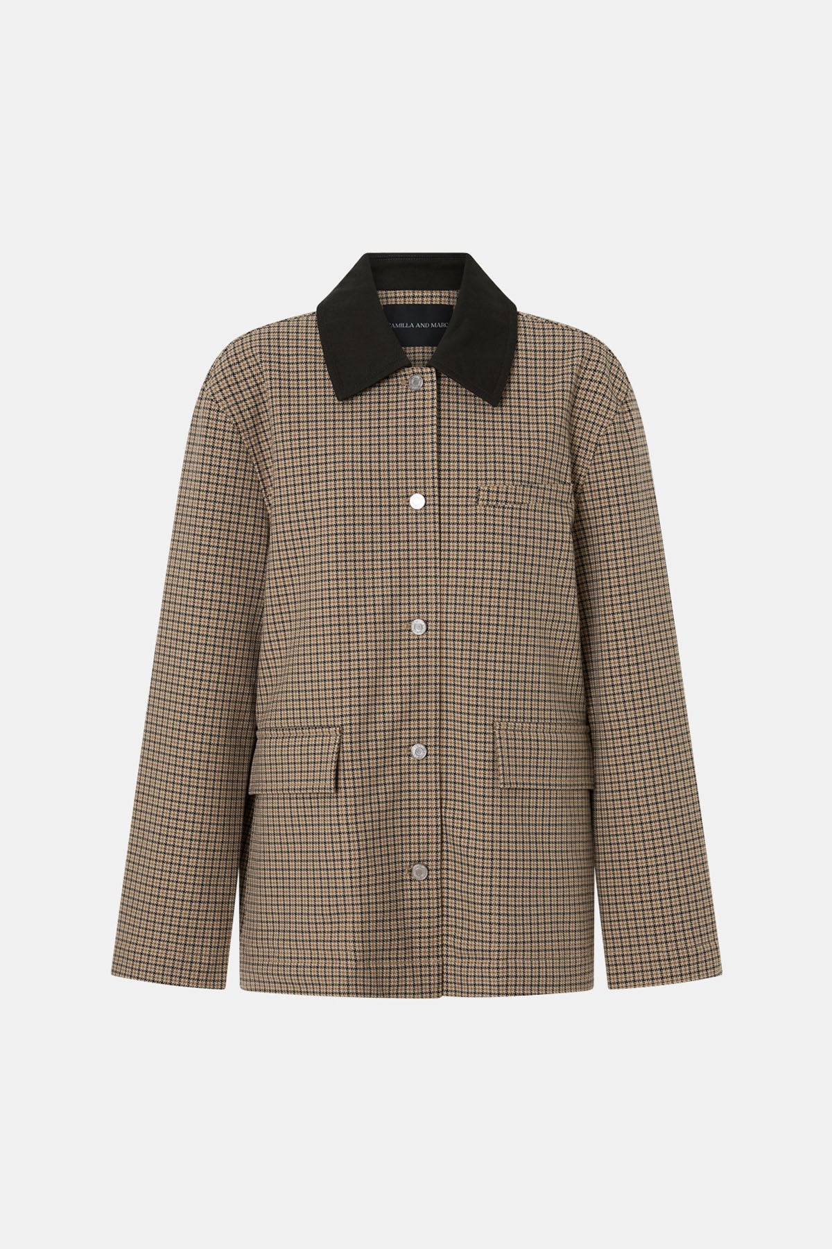 Ghost view CAMILLA AND MARC Sage Check Jacket in Walnut Check with denim detailing and contrast collar.