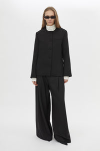 Front View CAMILLA AND MARC San fitted collarless blazer in black with Front button closure.