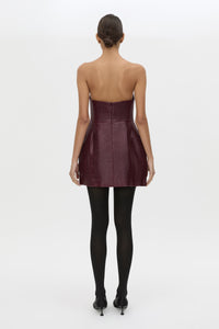 Back view CAMILLA AND MARC Sana Strapless Mini Dress in Burgundy with tailored finish and internal fitted bodice.