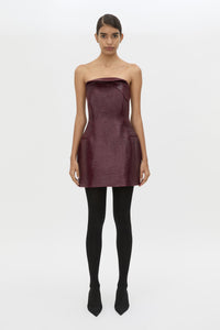 Front styled view CAMILLA AND MARC Sana Strapless Mini Dress in Burgundy with tailored finish and internal fitted bodice.