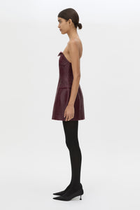 Side view CAMILLA AND MARC Sana Strapless Mini Dress in Burgundy with tailored finish and internal fitted bodice.