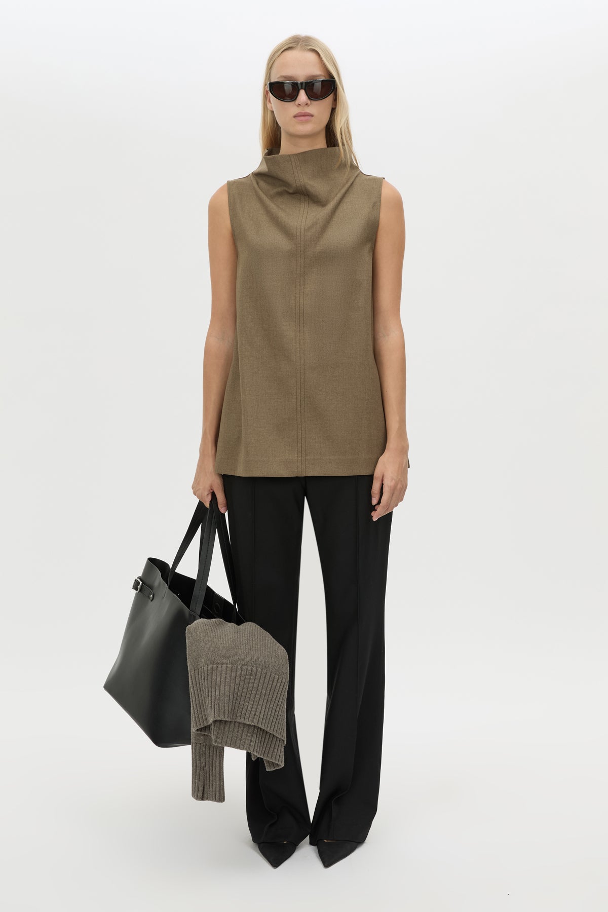 Front view CAMILLA AND MARC Sander funnel neck sleeveless top in sable marle with draped high neck and centre front exposed seam.