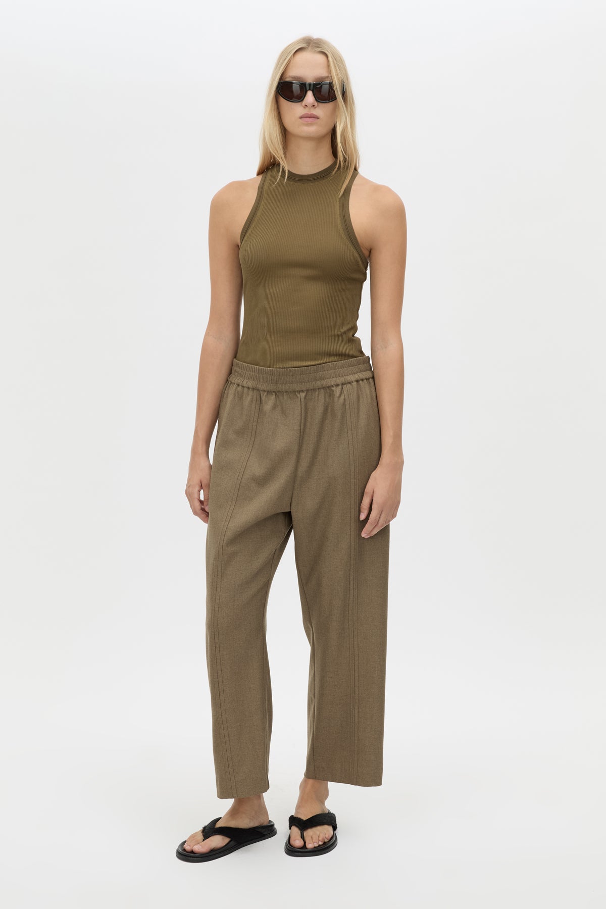 Front view CAMILLA AND MARC Sander Pant in Sable Marle with soft suiting finish and mid‑rise fisherman silhouette.