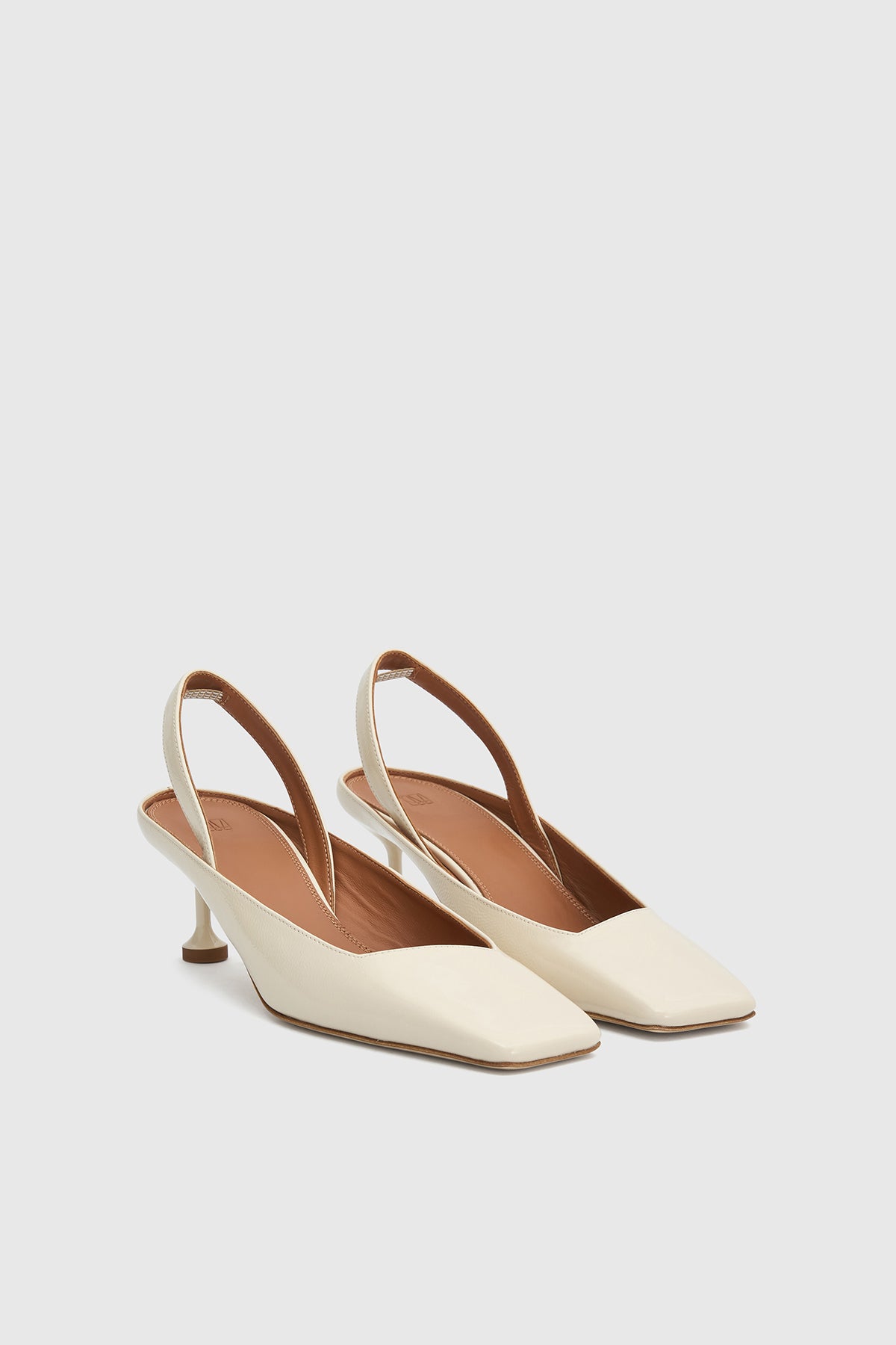 Sara Kitten Heel - CAMILLA AND MARC Sara cream asymmetric slingback kitten heel in textured patent Italian leather uppe