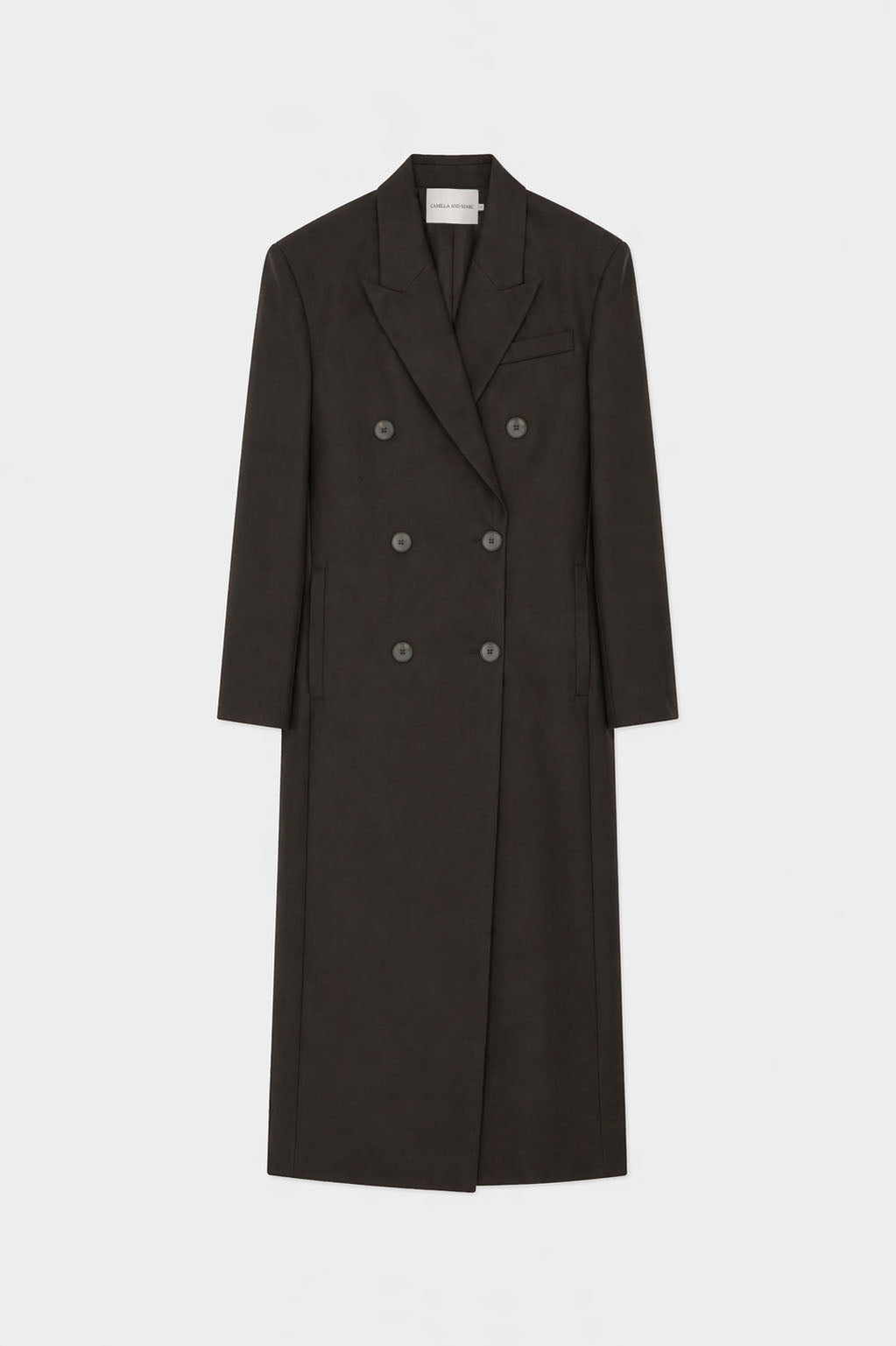 Ghost view CAMILLA AND MARC Saxony Double Breasted Coat in Espresso Pindot with tailored finish.