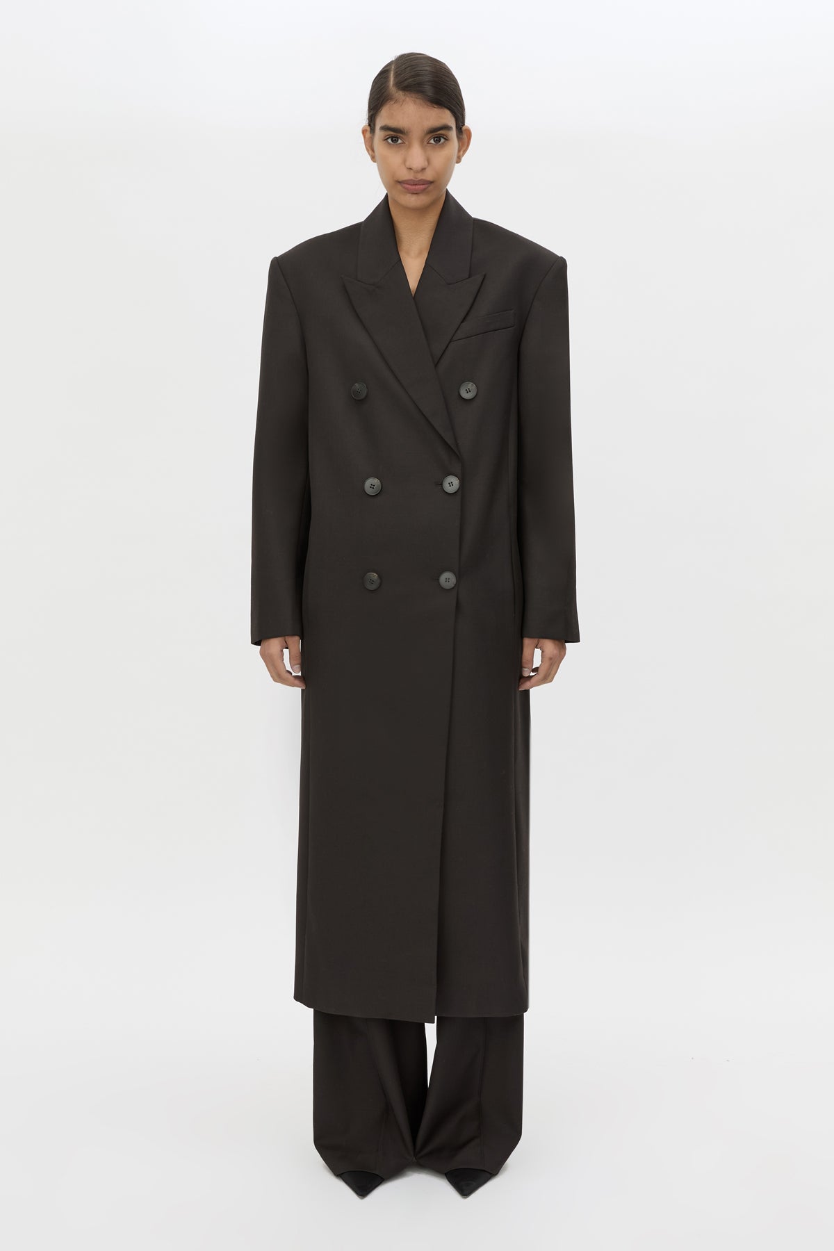 Front styled view CAMILLA AND MARC Saxony Double Breasted Coat in Espresso Pindot with tailored finish.