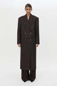 Front styled view CAMILLA AND MARC Saxony Double Breasted Coat in Espresso Pindot with tailored finish.