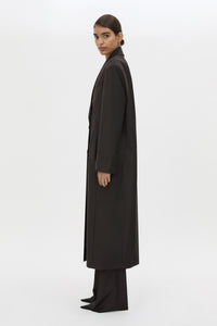 Side view CAMILLA AND MARC Saxony Double Breasted Coat in Espresso Pindot with tailored finish.