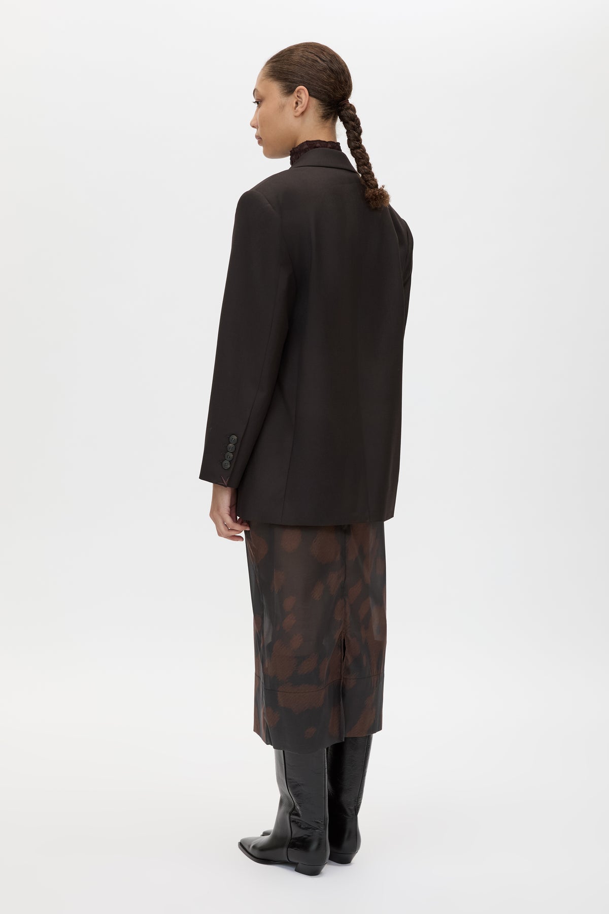 Back view CAMILLA AND MARC Saxony Oversized Blazer in Espresso Pindot with Australian wool flat tailoring.