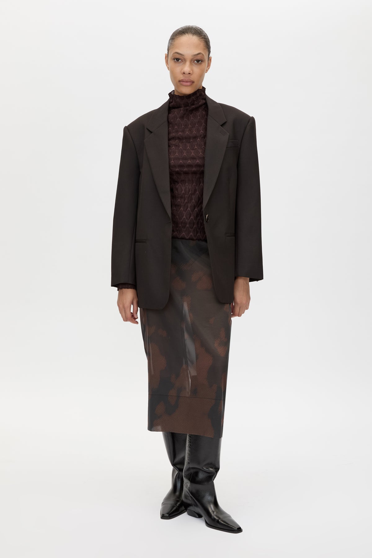 Front view CAMILLA AND MARC Saxony Oversized Blazer in Espresso Pindot with Australian wool flat tailoring.