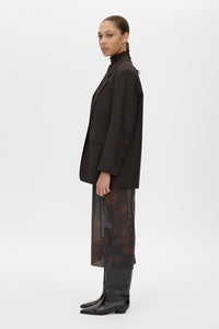 Side view CAMILLA AND MARC Saxony Oversized Blazer in Espresso Pindot with Australian wool flat tailoring.