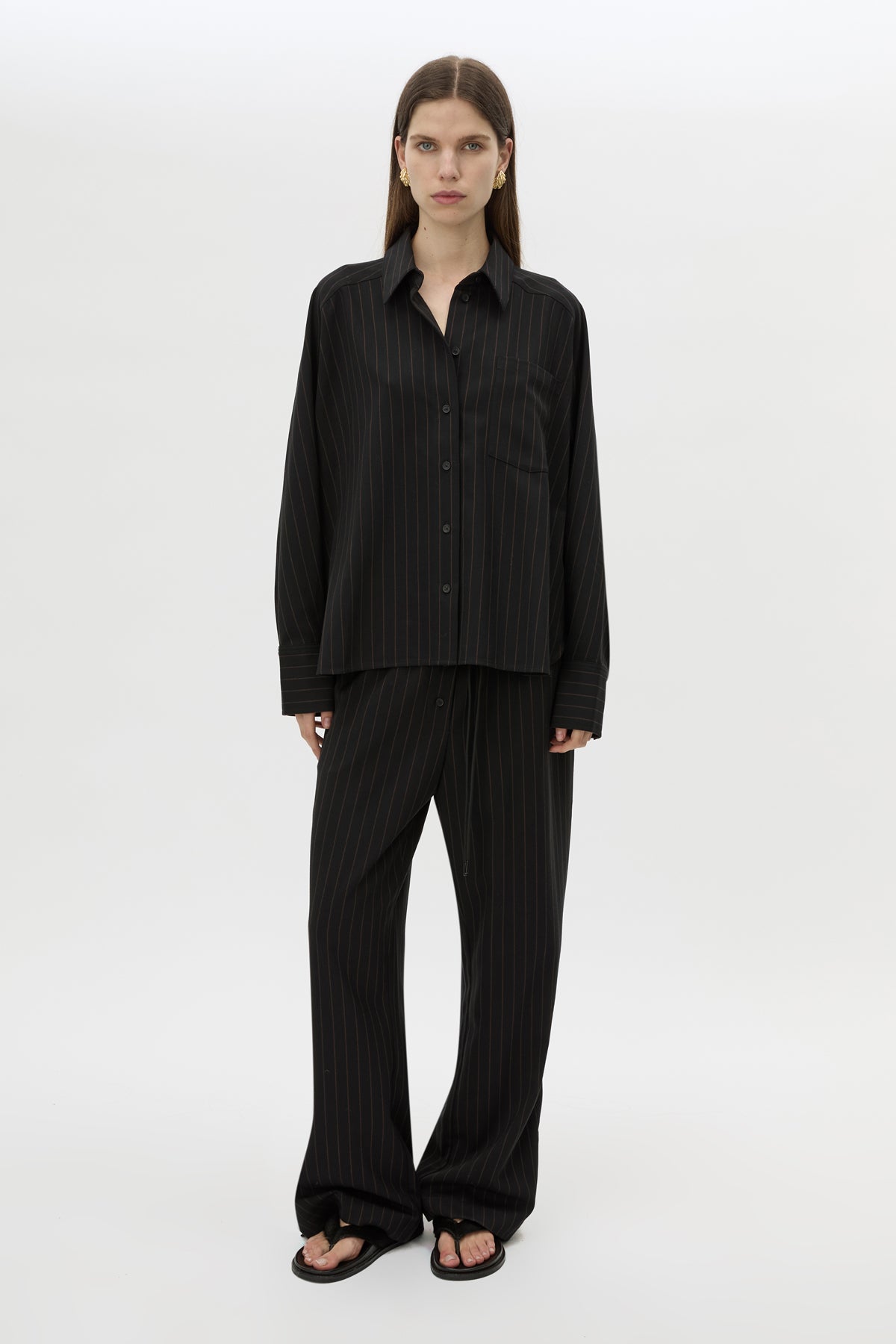 Front view CAMILLA AND MARC Sedona Stripe Pant in Black Stripe styled with Sedona Stripe Shirt.