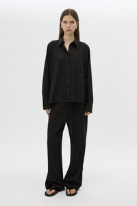 Front view CAMILLA AND MARC Sedona Stripe Pant in Black Stripe styled with Sedona Stripe Shirt.