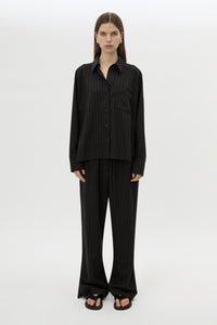 Front view CAMILLA AND MARC Sedona Stripe Pant in Black Stripe with relaxed fit and adjustable waistband.