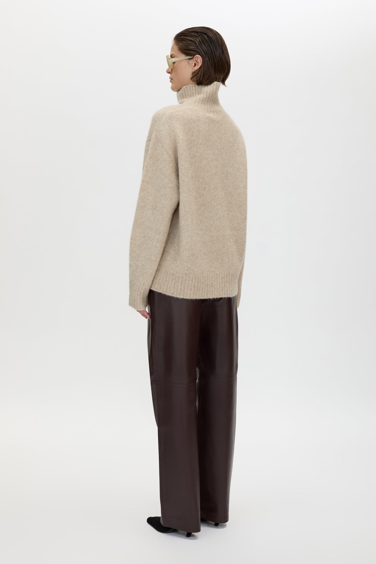 Back view CAMILLA AND MARC Selita Leather Pant in Burgundy with straight‑leg panelled leather construction.