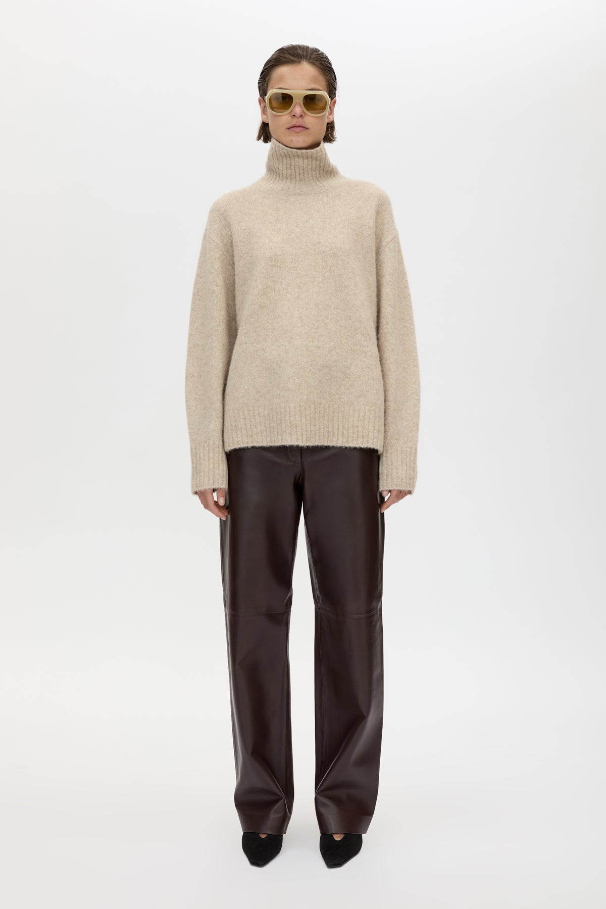 Styled view CAMILLA AND MARC Selita Leather Pant in Burgundy with straight‑leg panelled leather construction.
