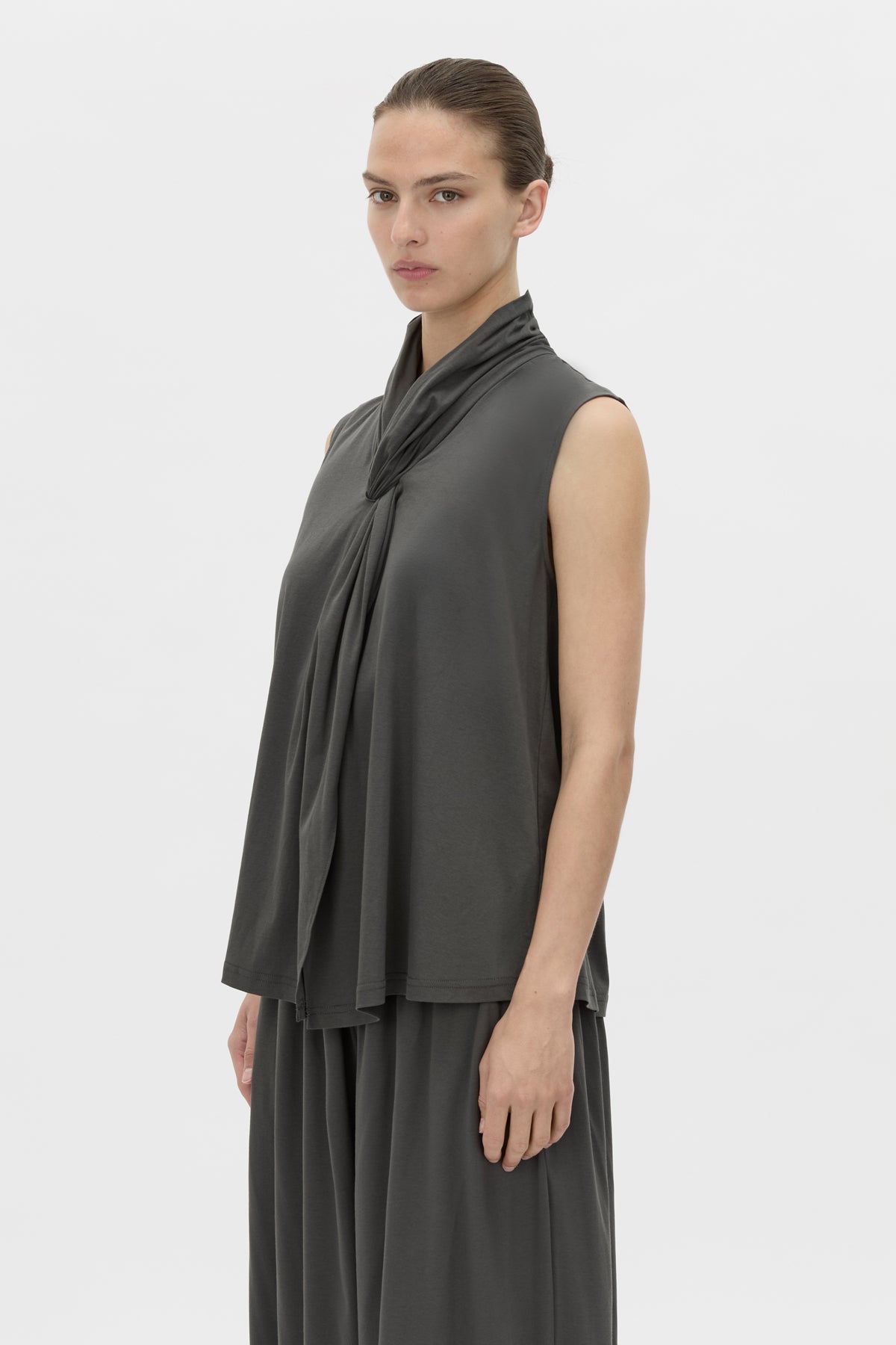 Cropped view CAMILLA AND MARC Senae Draped Knot Sleeveless Top in charcoal grey.