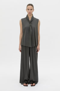 Front view CAMILLA AND MARC Senae Draped Knot Sleeveless Top in charcoal grey.
