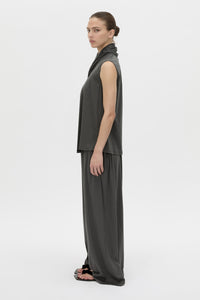 Side view CAMILLA AND MARC Senae Draped Knot Sleeveless Top in charcoal grey.
