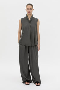 Styled view CAMILLA AND MARC Senae Draped Knot Sleeveless Top in charcoal grey.