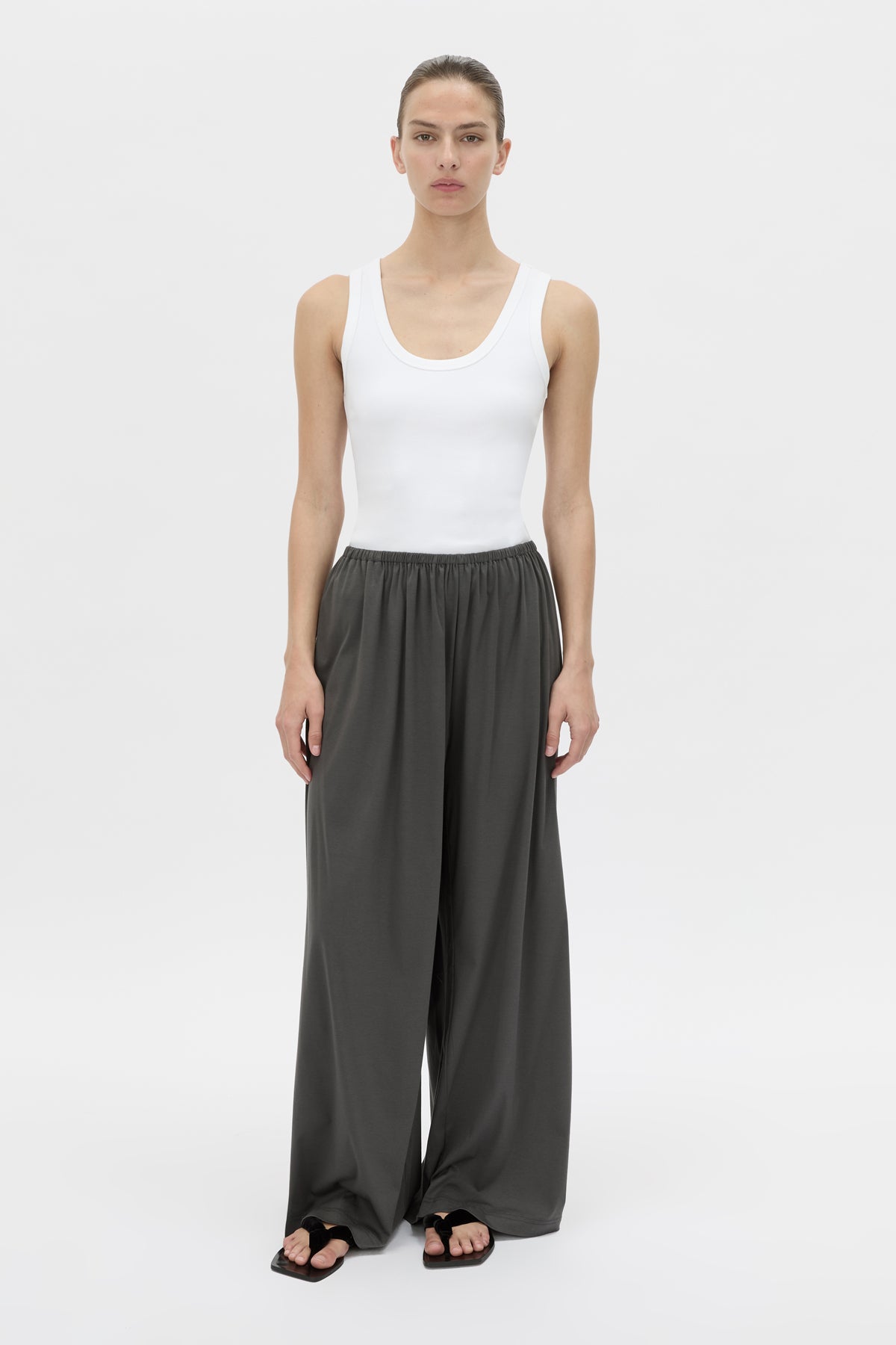 Front-styled view CAMILLA AND MARC Senae Lightweight Lounge Pant in charcoal grey.