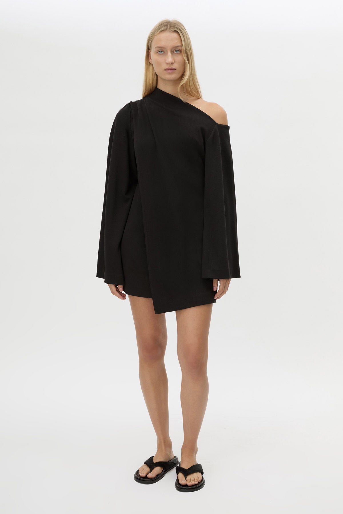 Front view CAMILLA AND MARC Serenitas Mini Dress in Black styled with the Zita Sandal.